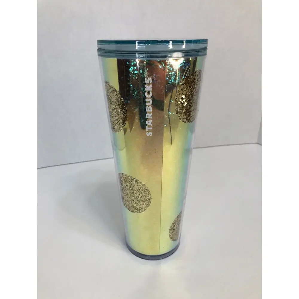 Starbucks Holiday Tumbler Cup 2020 Gold‎ Glitter Circles w/Lid 24oz No Straw C1